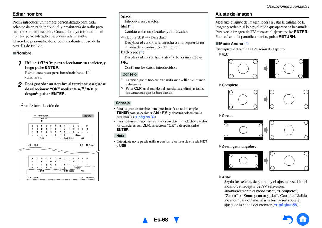 Onkyo TX-NR818 manual Es-68, Editar nombre, Ajuste de imagen, Nombre, Modo Ancho*1*2 
