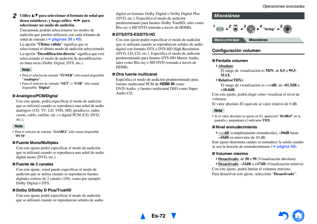 Onkyo TX-NR818 manual Es-72, Miscelánea, Configuración volumen, Dts/Dts-Es/Dts-Hd 