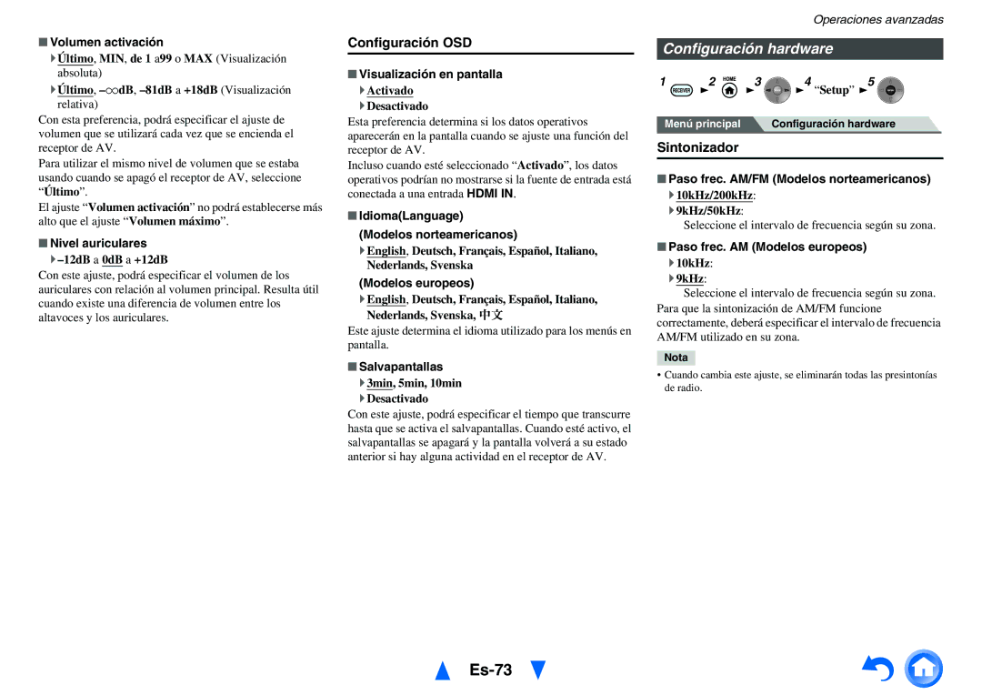 Onkyo TX-NR818 manual Es-73, Configuración hardware, Configuración OSD, Sintonizador 