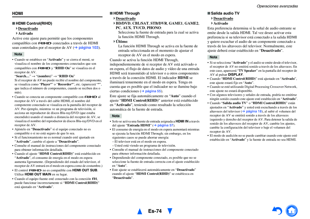 Onkyo TX-NR818 manual Es-74, Hdmi ControlRIHD, Hdmi Through, ` Último, Salida audio TV 