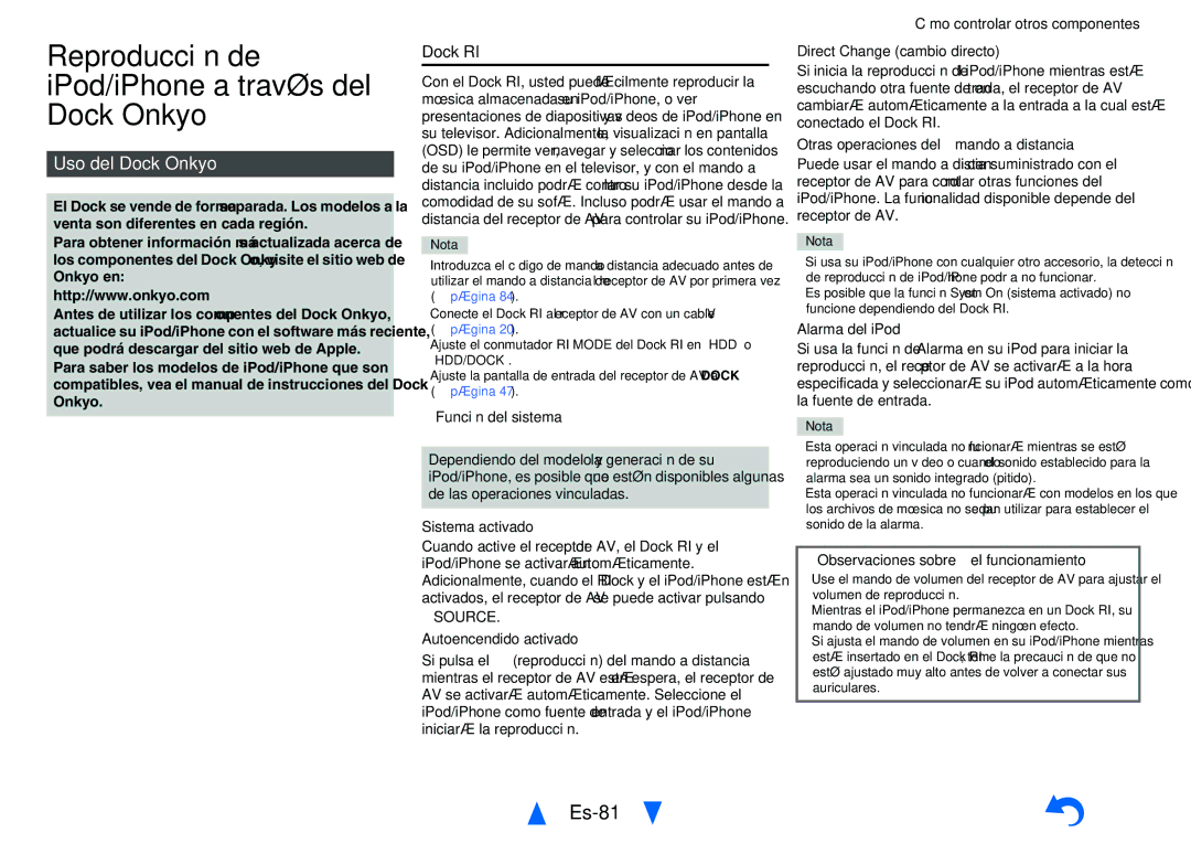 Onkyo TX-NR818 manual Reproducción de iPod/iPhone a través del Dock Onkyo, Es-81, Uso del Dock Onkyo, Dock RI, 8SOURCE 