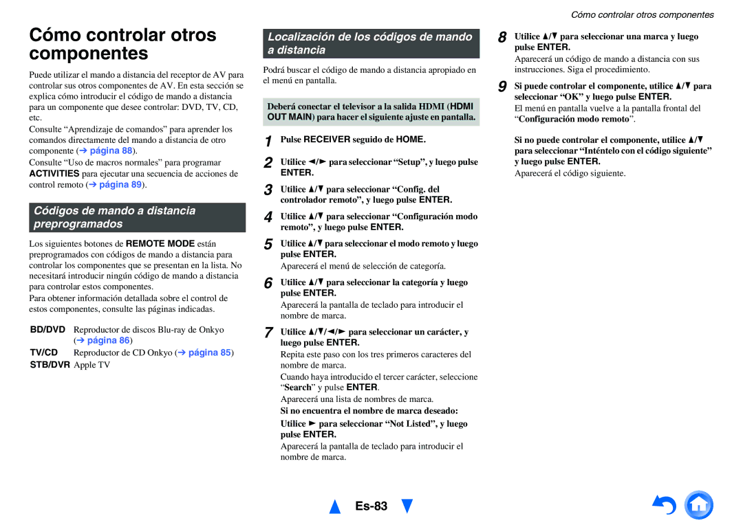 Onkyo TX-NR818 manual Cómo controlar otros componentes, Es-83, Códigos de mando a distancia preprogramados 