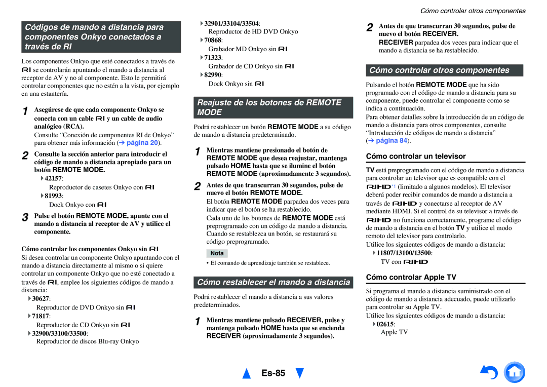 Onkyo TX-NR818 manual Es-85, Reajuste de los botones de Remote Mode, Cómo restablecer el mando a distancia 