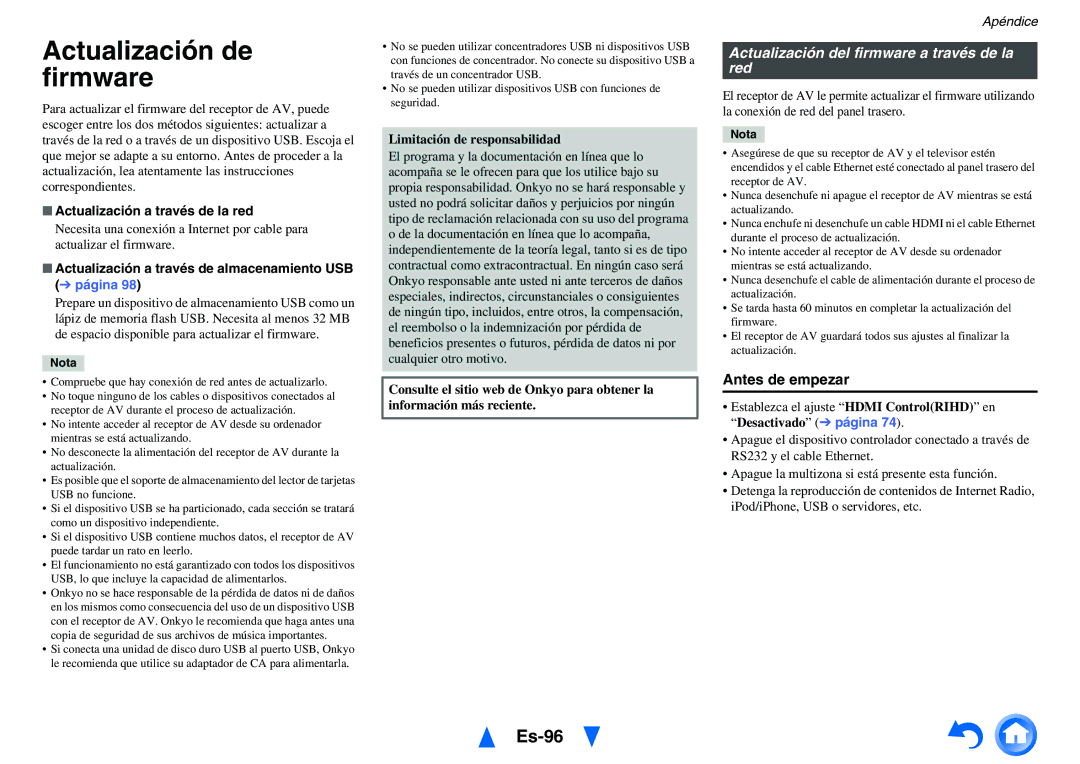 Onkyo TX-NR818 manual Actualización de firmware, Es-96, Actualización del firmware a través de la red, Antes de empezar 