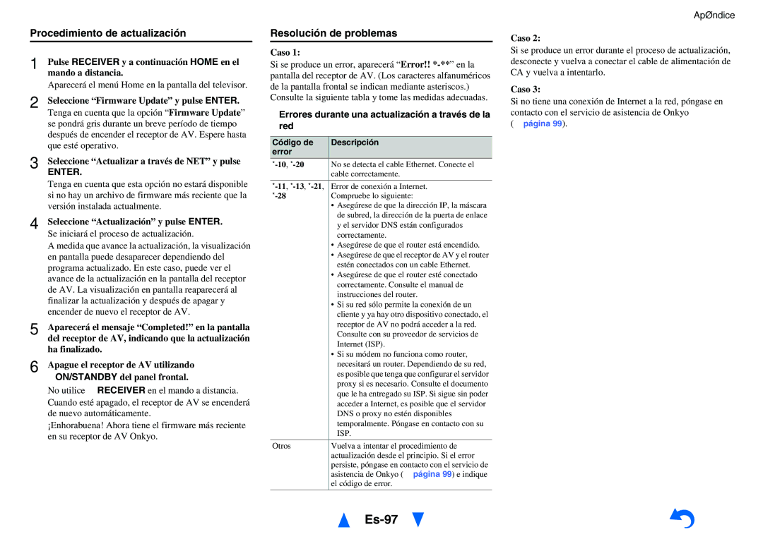 Onkyo TX-NR818 manual Es-97, Procedimiento de actualización, Resolución de problemas, Caso 