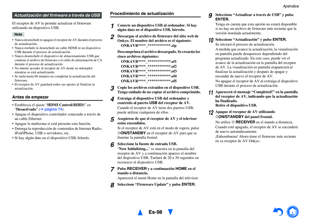 Onkyo TX-NR818 manual Es-98, Actualización del firmware a través de USB 