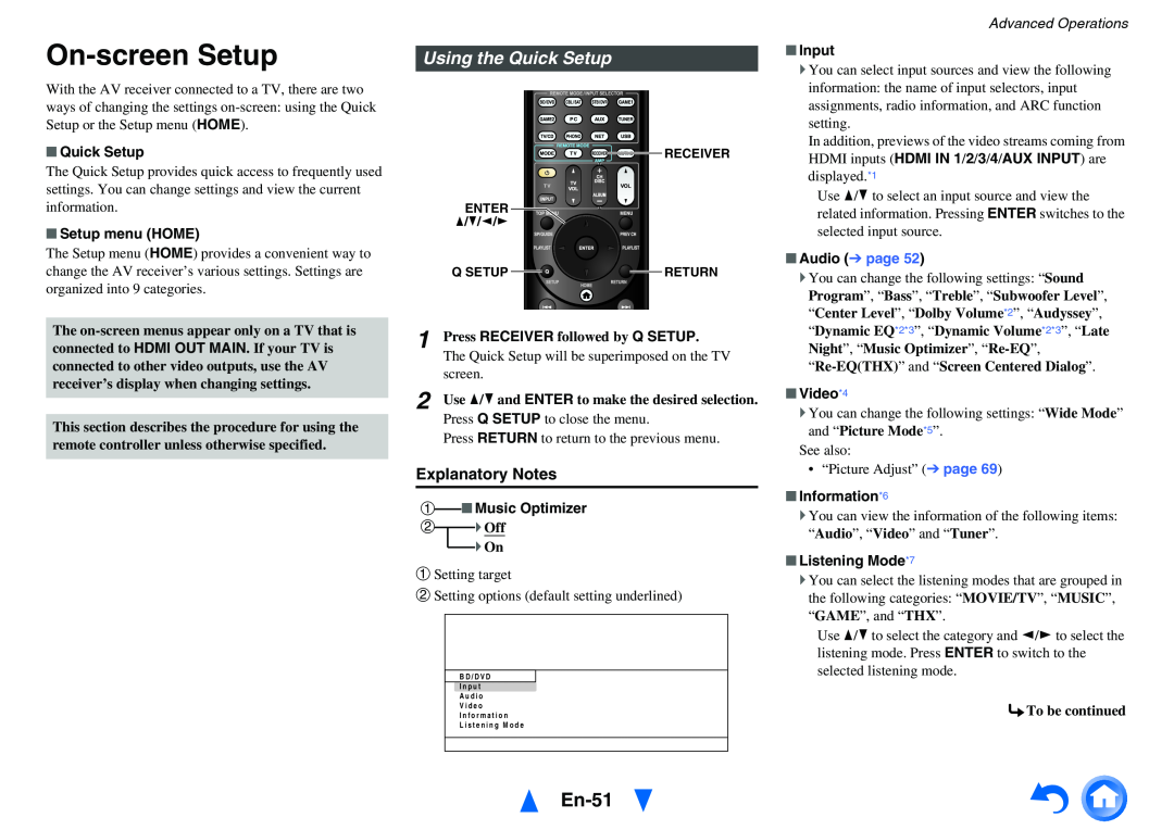 Onkyo TX-NR818 On-screenSetup, En-51, Using the Quick Setup, Explanatory Notes, Setup menu HOME, a Music Optimizer, Input 