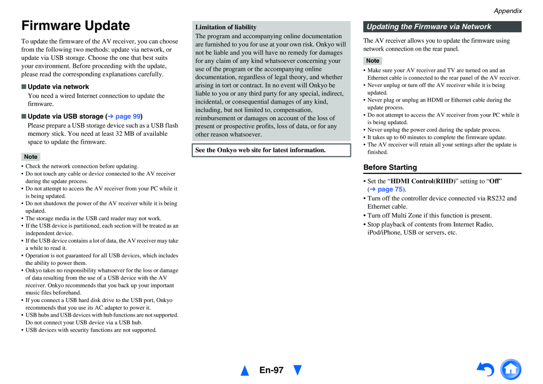 Onkyo TX-NR818 Firmware Update, En-97, Updating the Firmware via Network, Before Starting, Update via network, Appendix 