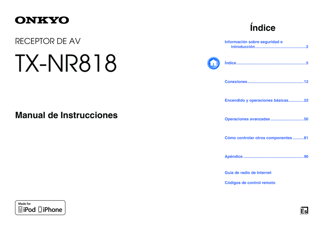 Onkyo TX-NR818 manual Manual de Instrucciones, Índice, Receptor De Av 