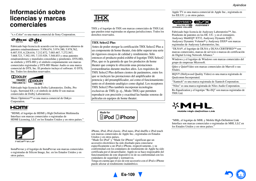 Onkyo TX-NR818 manual Información sobre licencias y marcas comerciales, Es-109, Apéndice 