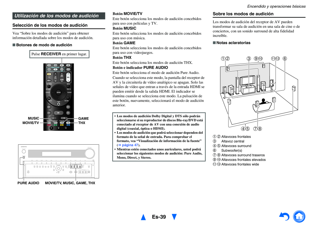 Onkyo TX-NR818 manual Es-39, Utilización de los modos de audición, Selección de los modos de audición, c ij kl f, de gh 