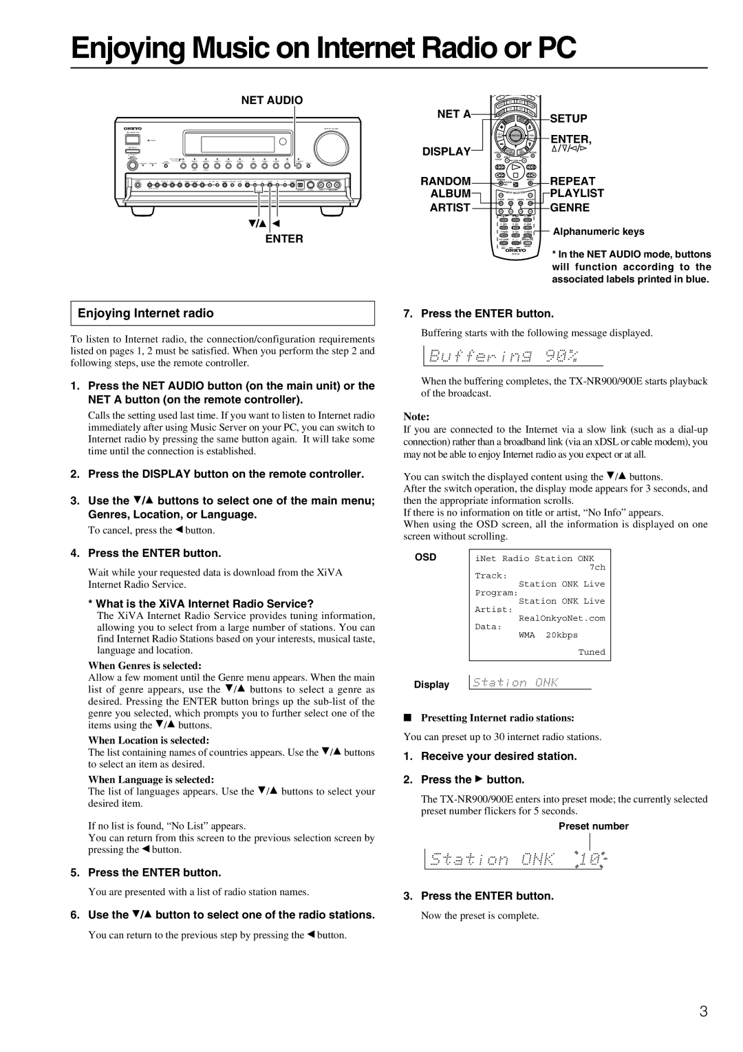 Onkyo TX-NR900E manual Enjoying Music on Internet Radio or PC, Enjoying Internet radio, NET Audio, Enter NET a Setup 