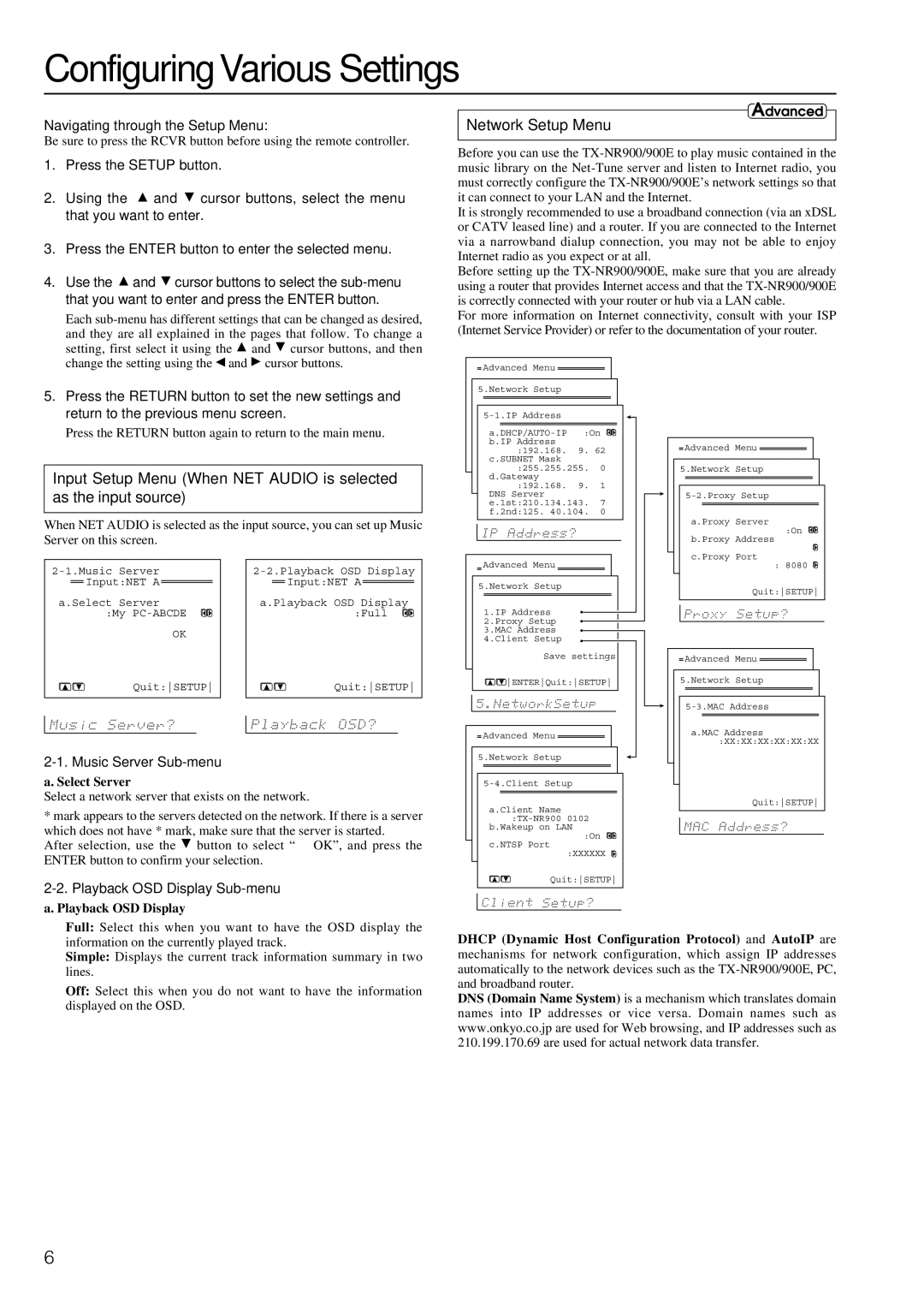 Onkyo TX-NR900E manual Configuring Various Settings, Network Setup Menu 