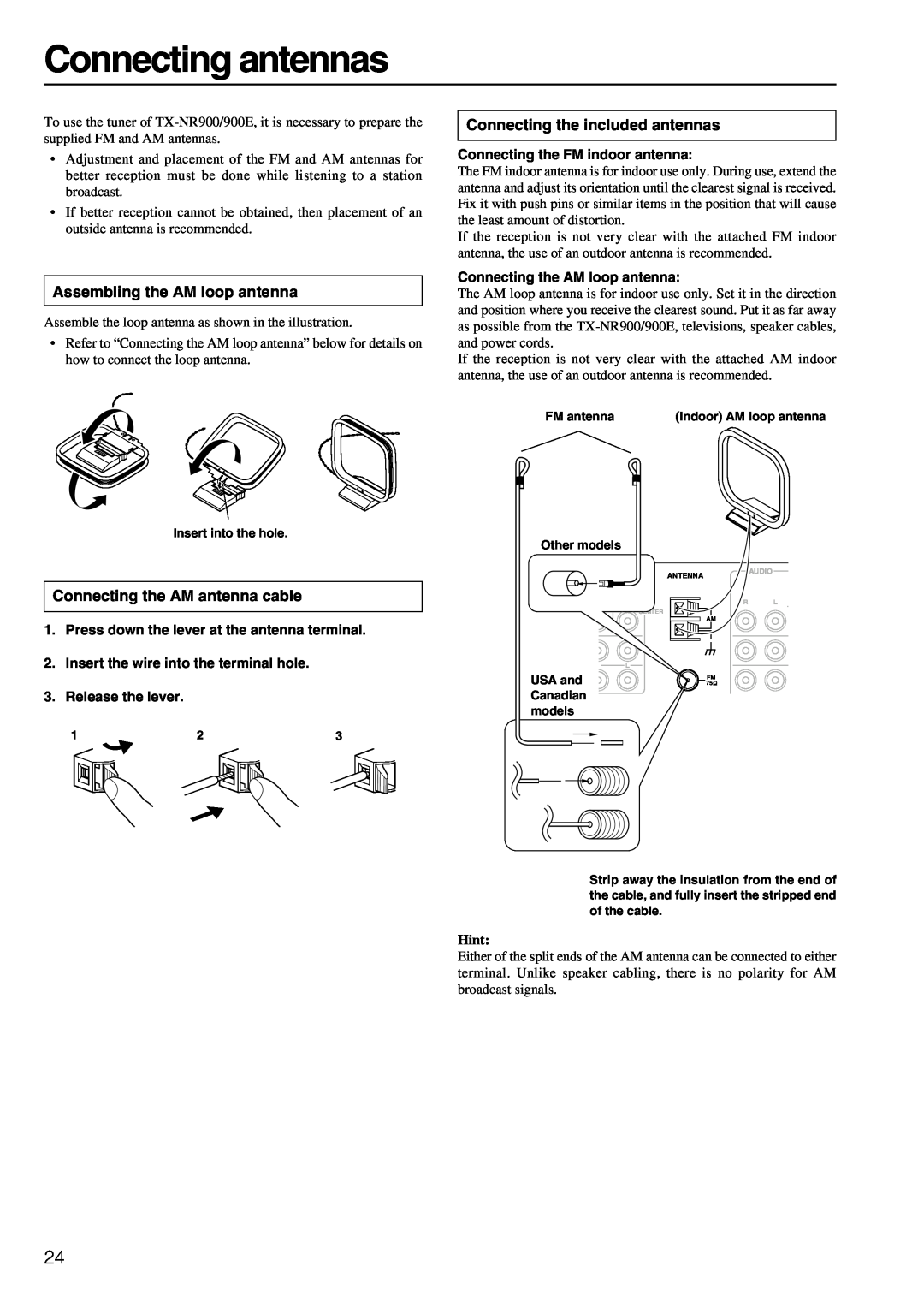 Onkyo TX-NR900E instruction manual Connecting antennas, Assembling the AM loop antenna, Connecting the AM antenna cable 