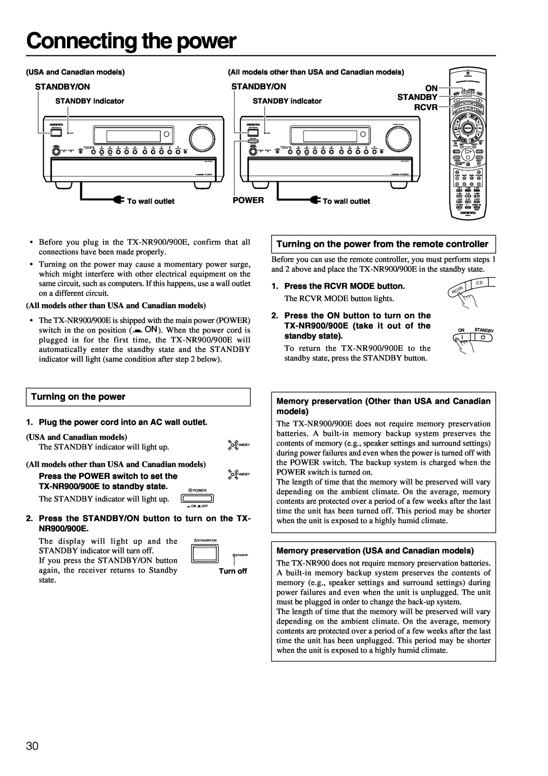 Onkyo TX-NR900E instruction manual Connecting the power, Turning on the power from the remote controller 