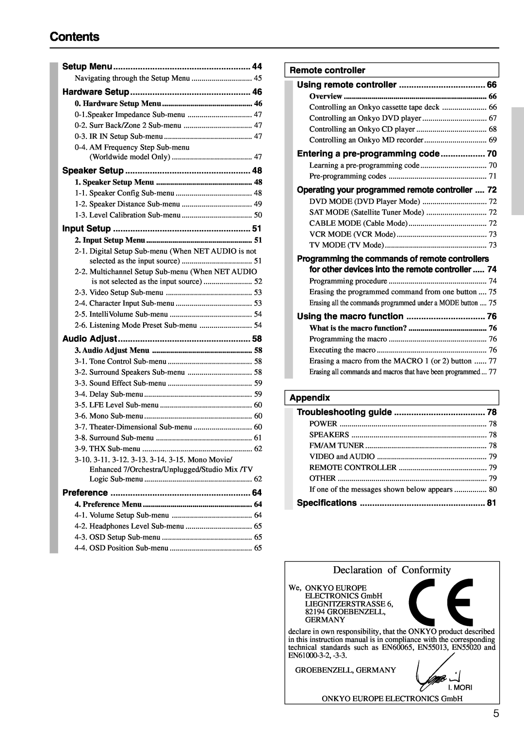 Onkyo TX-NR900E instruction manual Contents, Declaration of Conformity, Remote controller, Appendix 