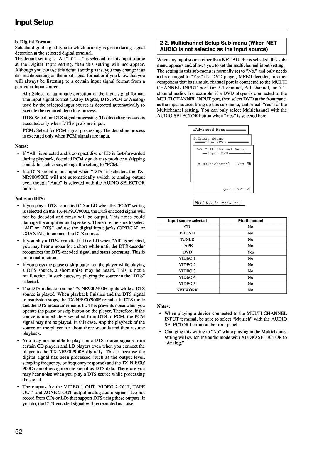 Onkyo TX-NR900E instruction manual Input Setup, b. Digital Format, Notes on DTS 