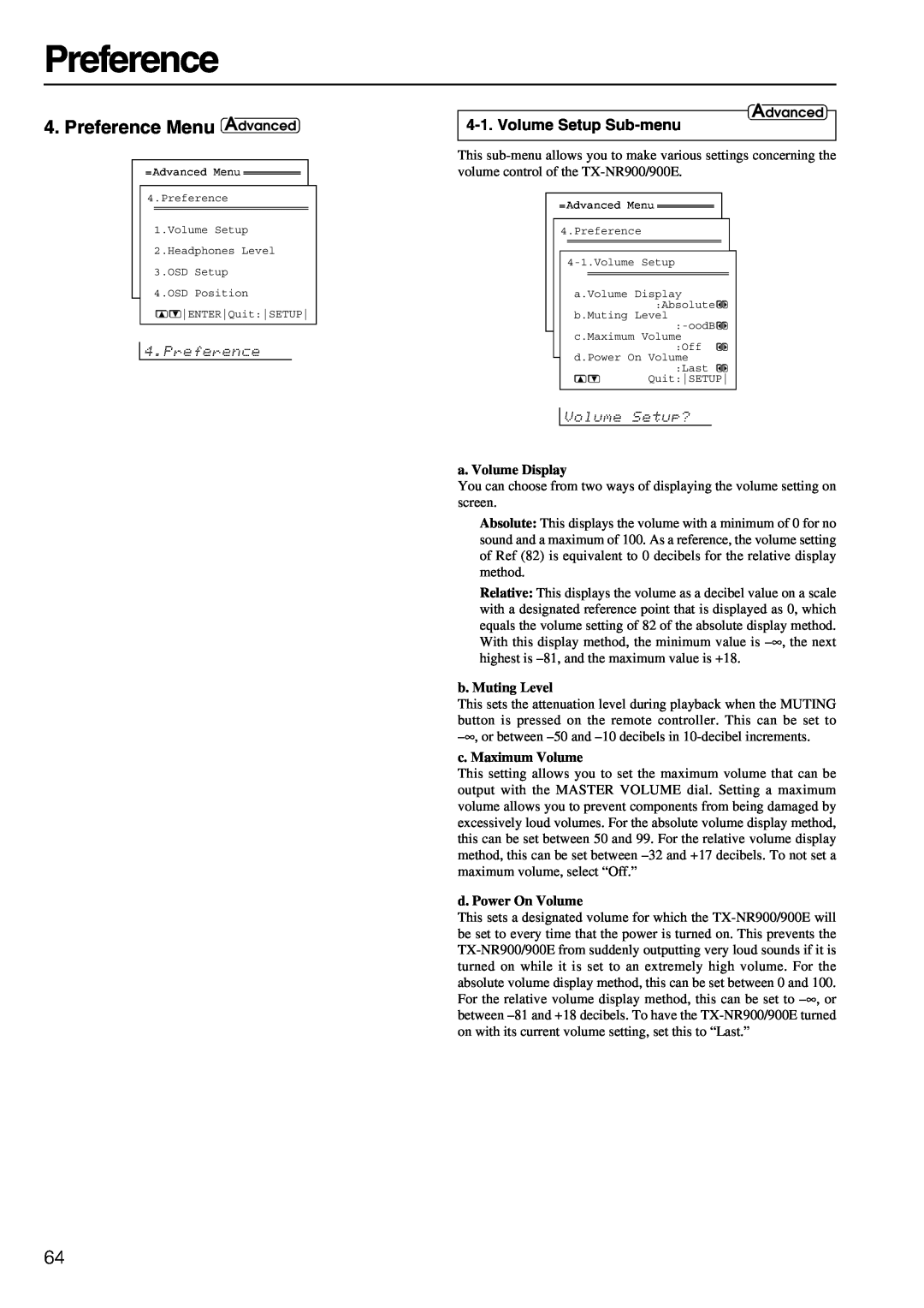 Onkyo TX-NR900E instruction manual Preference Menu, Volume Setup Sub-menu 