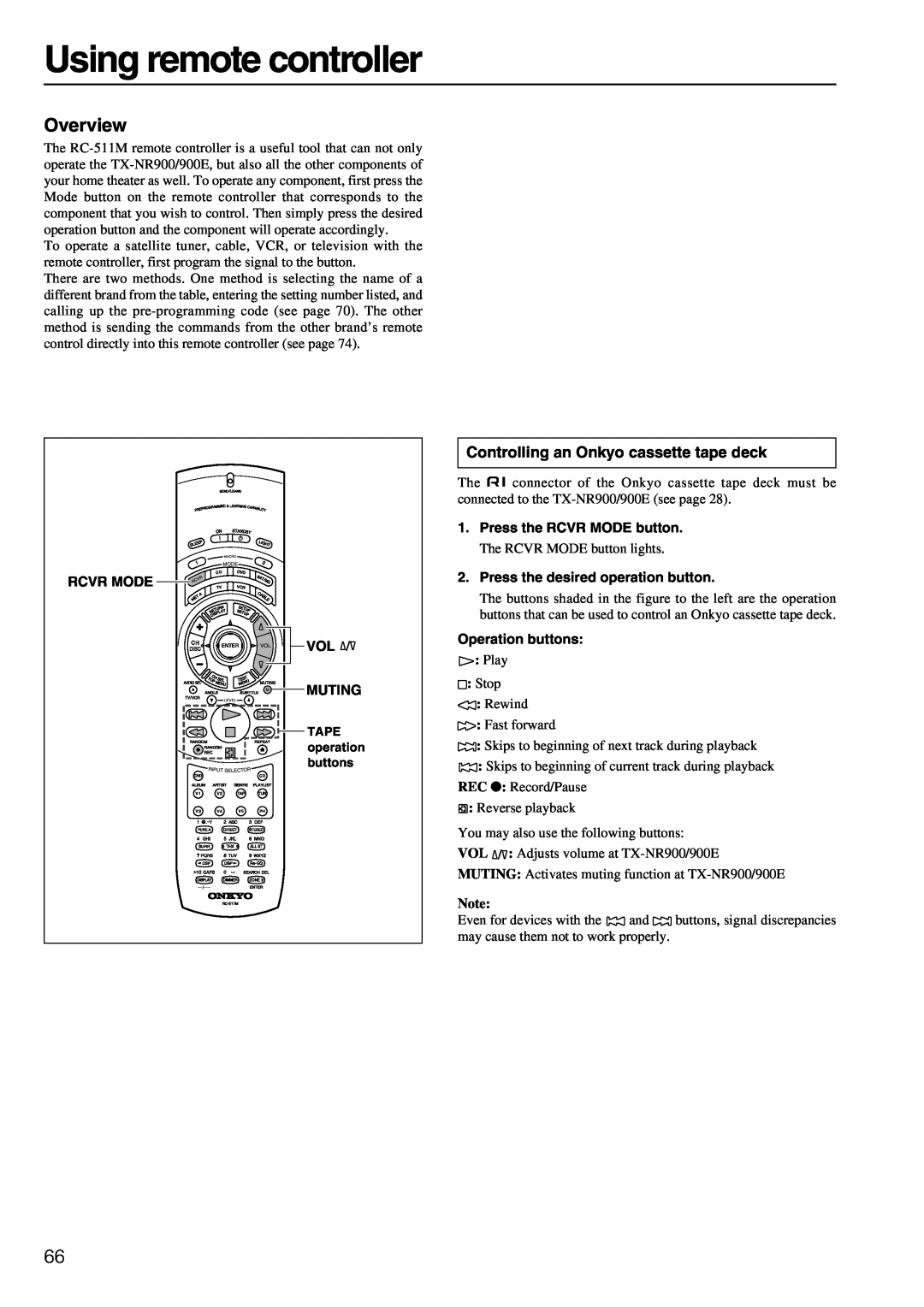 Onkyo TX-NR900E instruction manual Using remote controller, Overview, Controlling an Onkyo cassette tape deck 