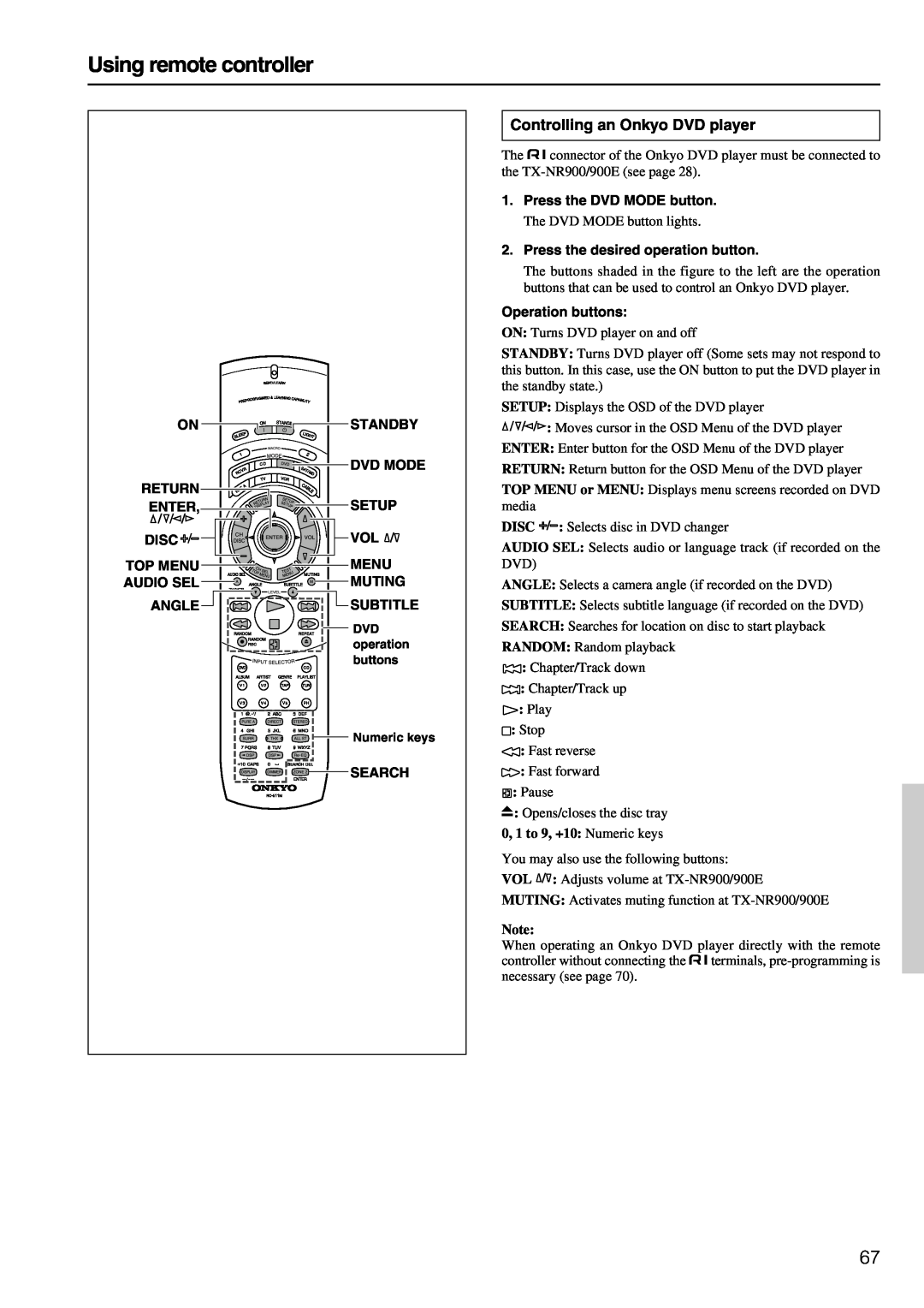 Onkyo TX-NR900E instruction manual Using remote controller, Controlling an Onkyo DVD player 