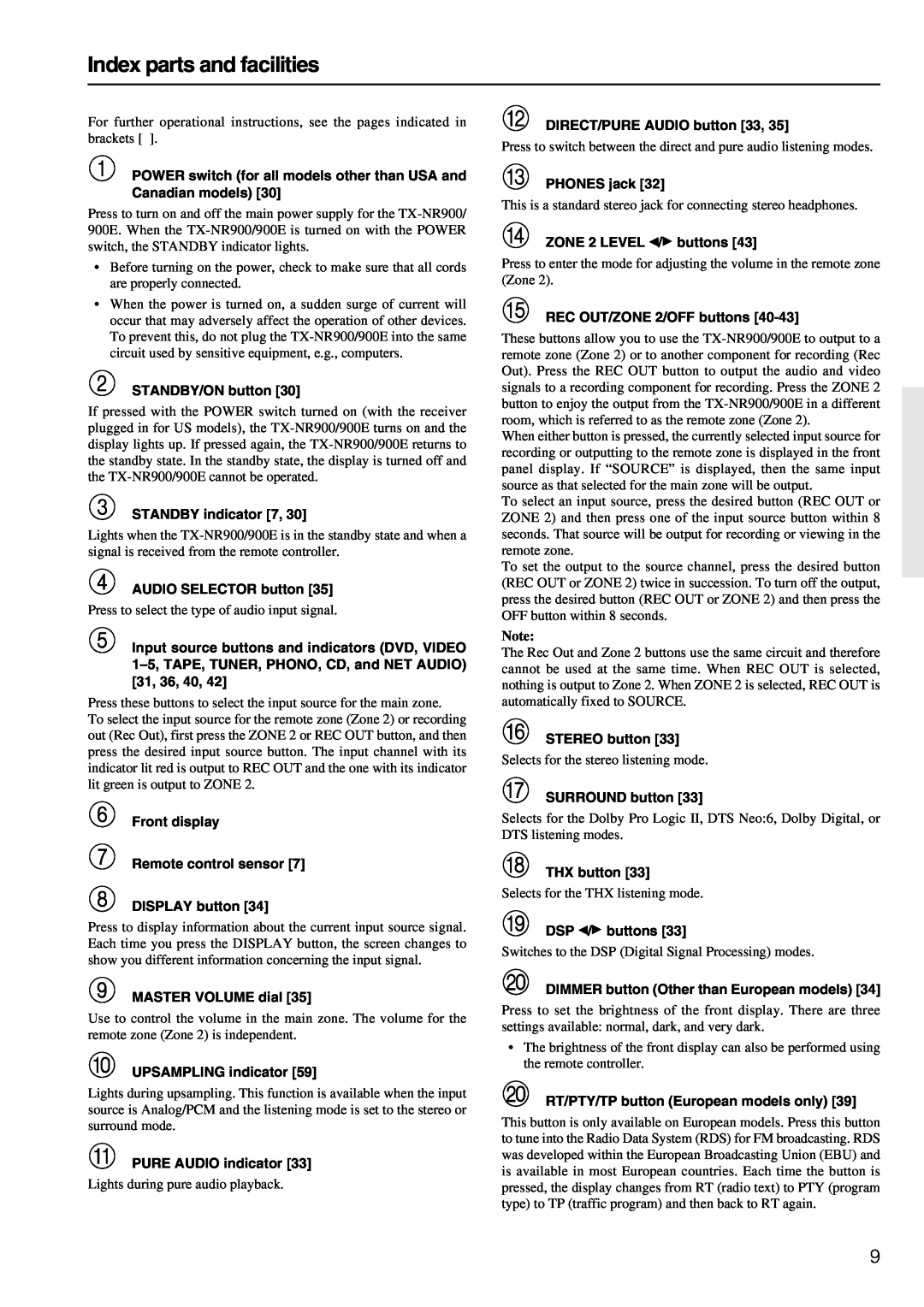 Onkyo TX-NR900E instruction manual Index parts and facilities 