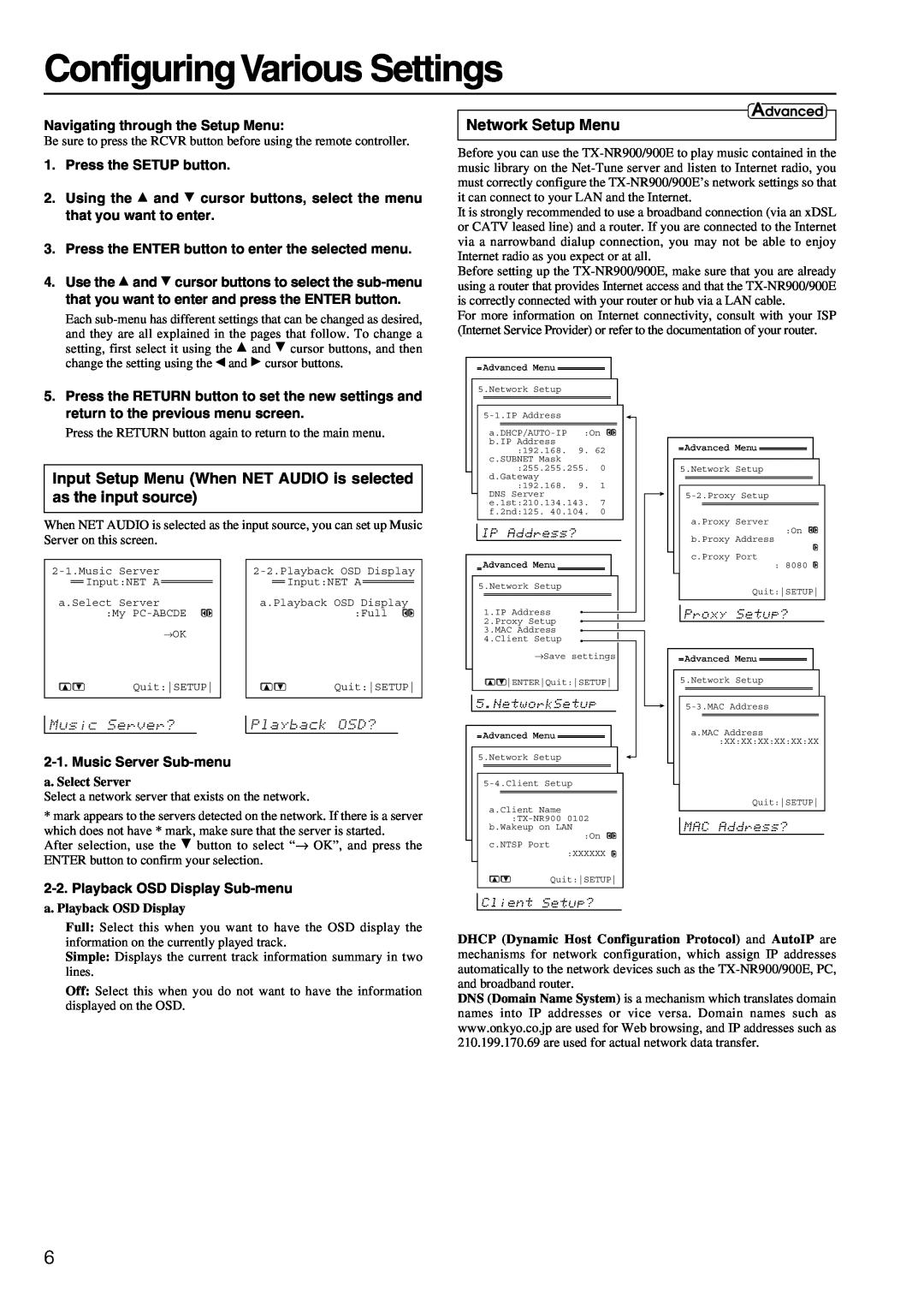 Onkyo TX-NR900E manual Configuring Various Settings, Network Setup Menu 
