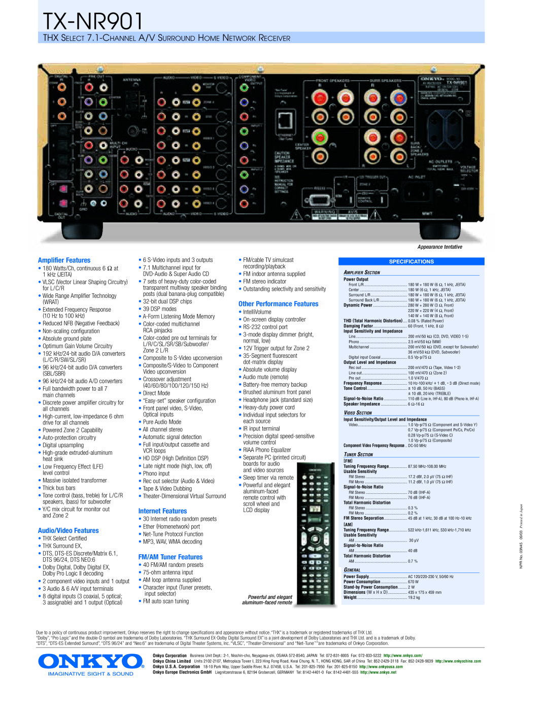 Onkyo TX-NR901 manual Amplifier Features, Audio/Video Features, Internet Features, FM/AM Tuner Features 