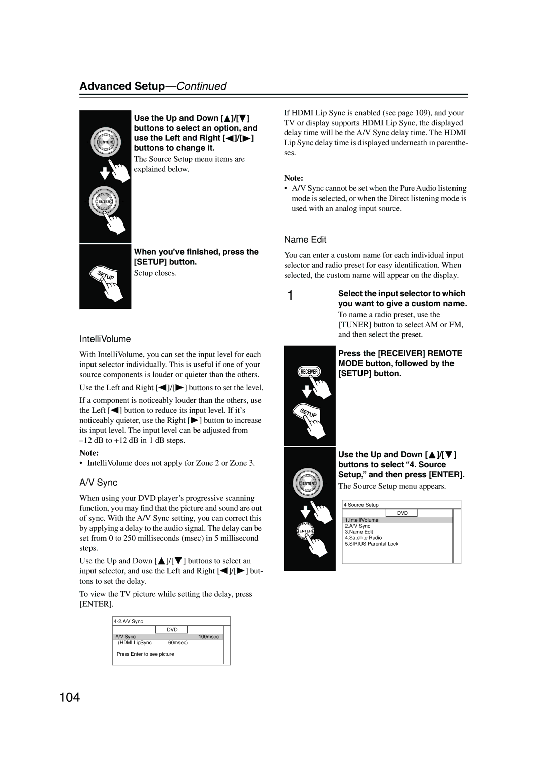 Onkyo TX-NR905 instruction manual 104, IntelliVolume, Name Edit, Sync, You want to give a custom name 