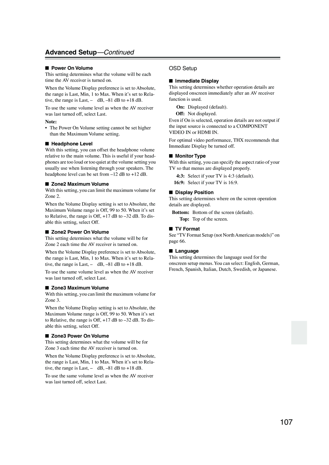 Onkyo TX-NR905 instruction manual 107, OSD Setup 