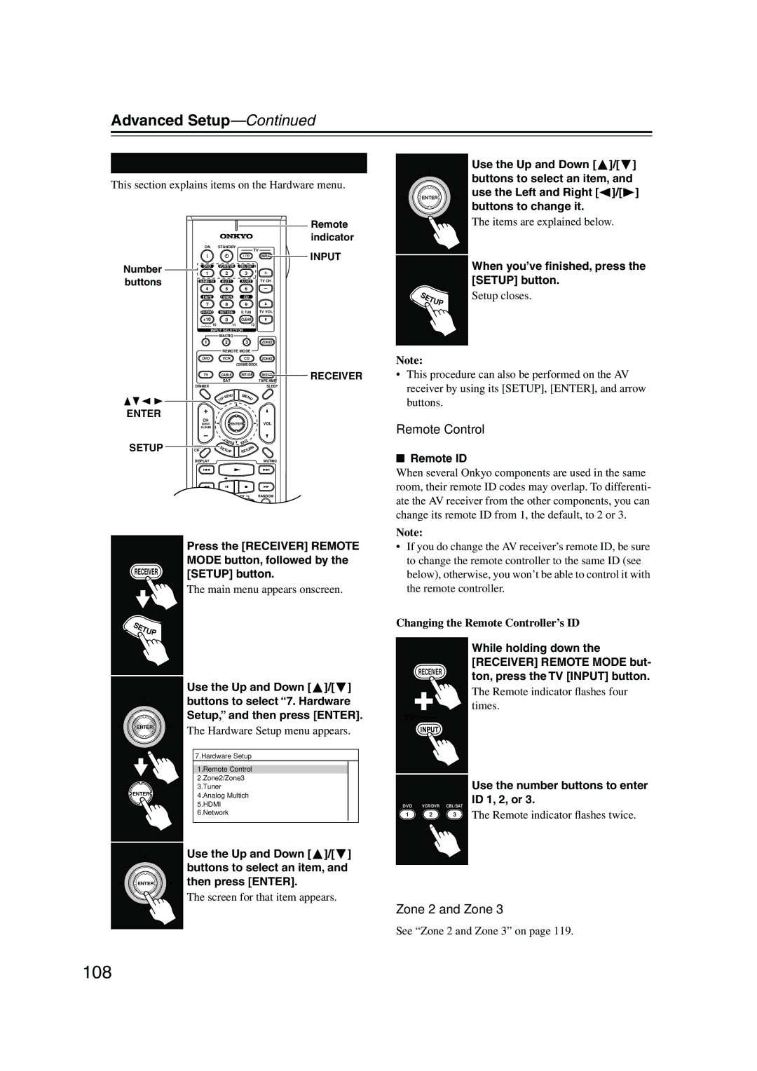 Onkyo TX-NR905 instruction manual 108, Hardware Setup, Remote Control, Zone 2 and Zone 