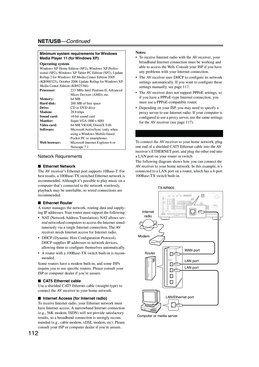 Onkyo TX-NR905 instruction manual 112, Connecting the AV Receiver, Network Requirements 