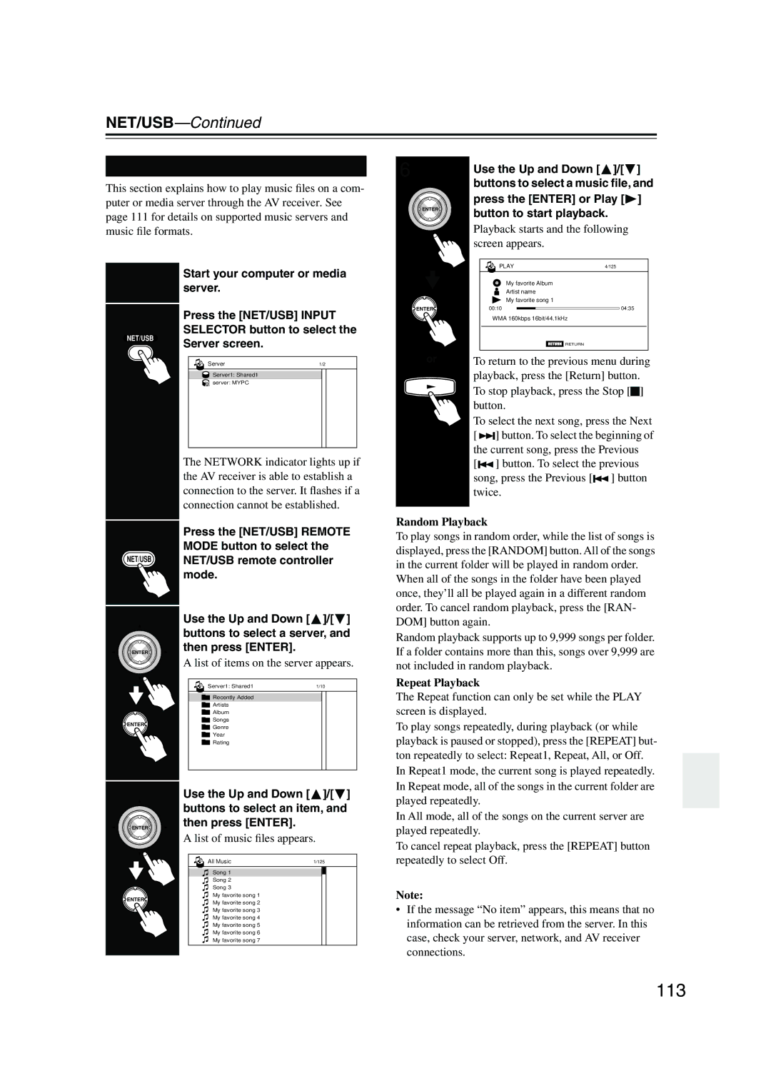 Onkyo TX-NR905 instruction manual 113, Playing Music Files on a Server 