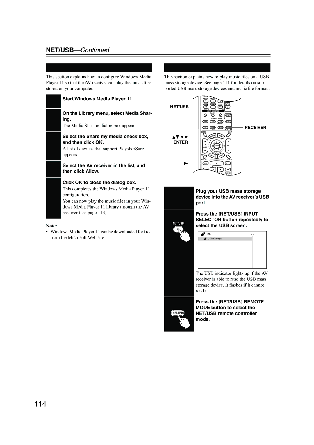 Onkyo TX-NR905 instruction manual 114, Windows Media Player 11 Setup, Playing Music Files on a USB Device 