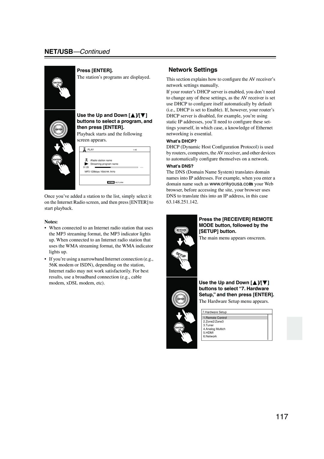 Onkyo TX-NR905 instruction manual 117, Network Settings, Use the Up and Down Buttons to select a program 