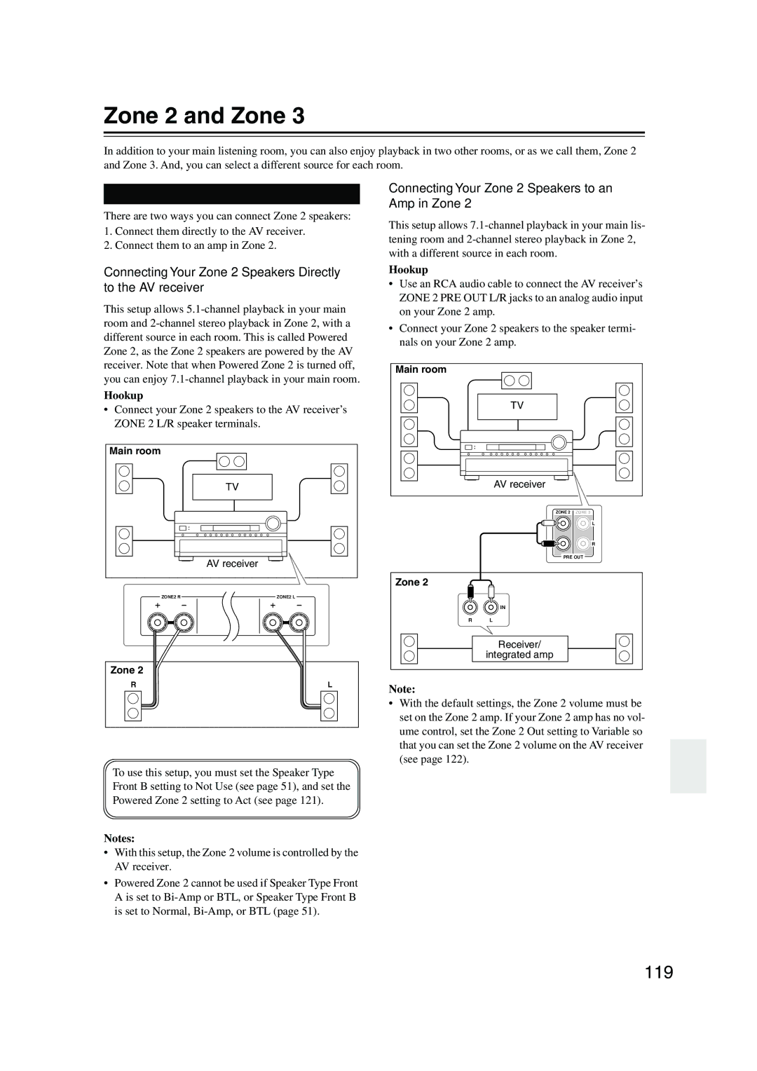 Onkyo TX-NR905 Zone 2 and Zone, 119, Connecting Zone, Connecting Your Zone 2 Speakers Directly to the AV receiver 