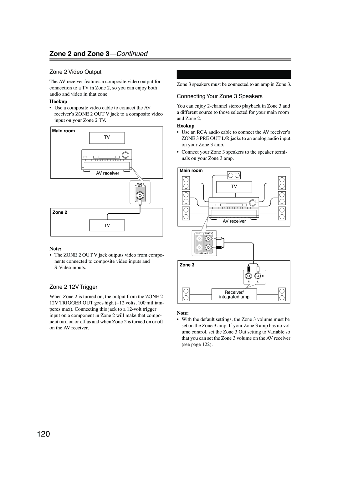 Onkyo TX-NR905 120, Zone 2 and Zone, Zone 2 Video Output, Zone 2 12V Trigger, Connecting Your Zone 3 Speakers 