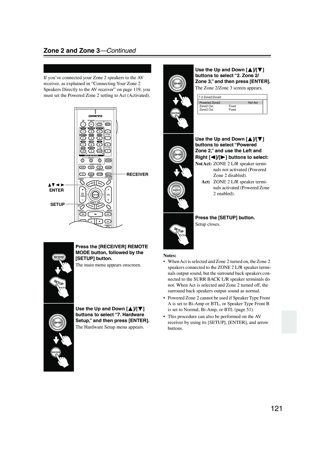 Onkyo TX-NR905 instruction manual 121, Powered Zone 2 Setting, Buttons to select Powered, Zone 2, and use the Left 