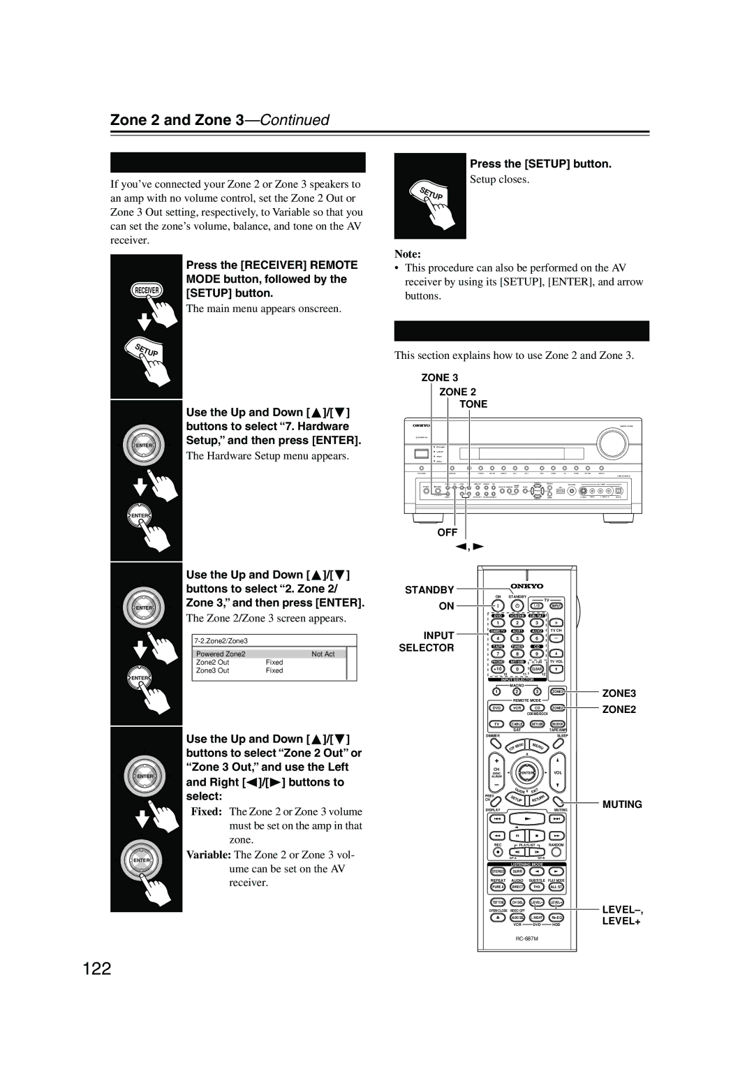 Onkyo TX-NR905 122, Zone 2/Zone 3 Out Settings, Using Zone 2 and Zone, Use the Up and Down Buttons to select 2. Zone 