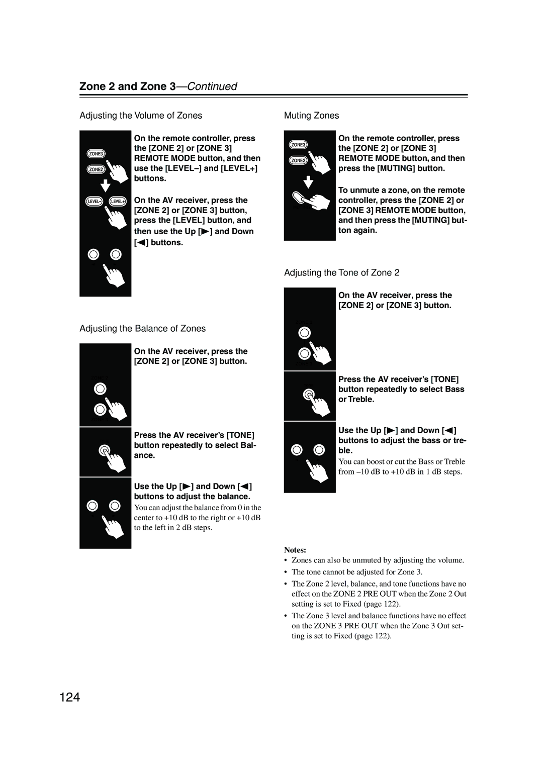 Onkyo TX-NR905 124, Adjusting the Volume of Zones Muting Zones, Adjusting the Tone of Zone, Adjusting the Balance of Zones 