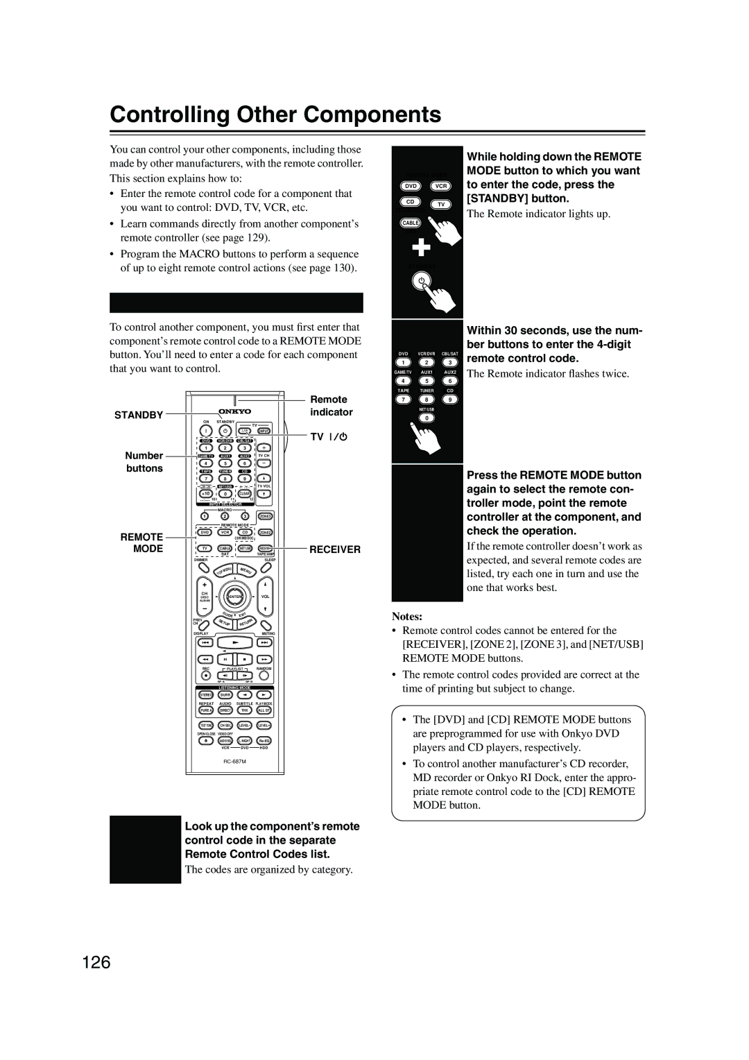 Onkyo TX-NR905 instruction manual Controlling Other Components, 126, Entering Remote Control Codes 