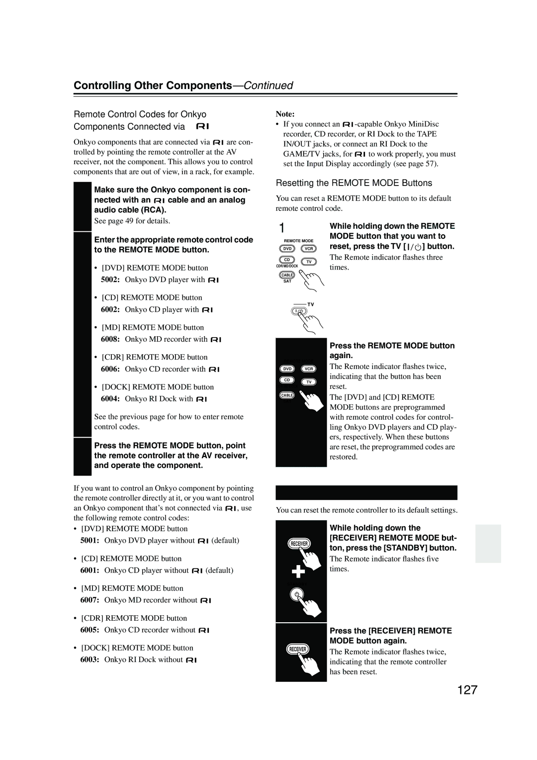 Onkyo TX-NR905 127, Controlling Other Components, Resetting the Remote Controller, Resetting the Remote Mode Buttons 