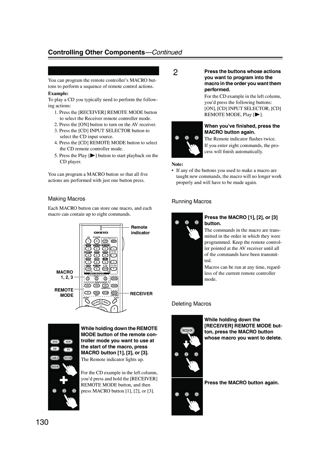 Onkyo TX-NR905 instruction manual 130, Using Macros, Making Macros, Running Macros, Deleting Macros 