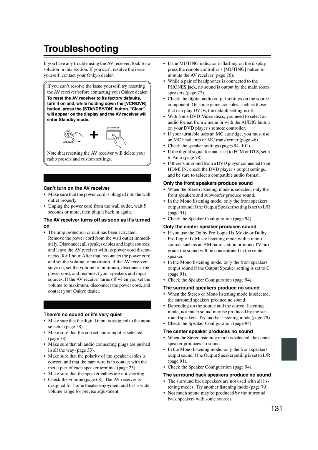 Onkyo TX-NR905 instruction manual Troubleshooting, 131 