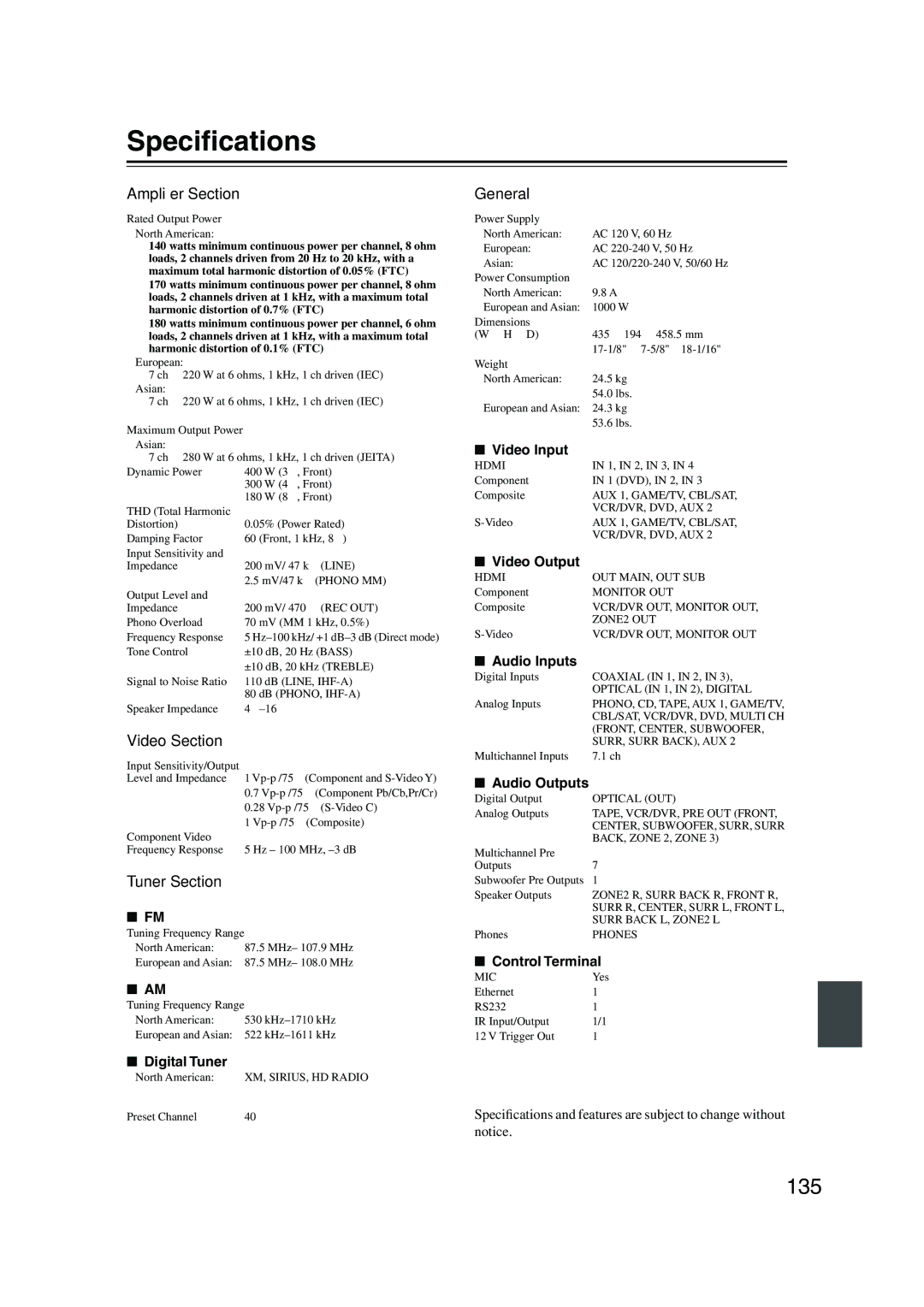 Onkyo TX-NR905 instruction manual Speciﬁcations, 135 