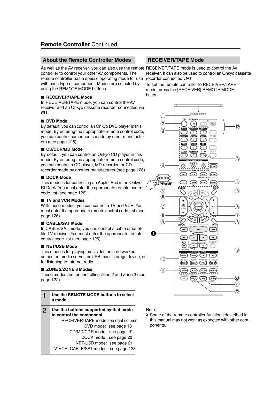 Onkyo TX-NR905 instruction manual About the Remote Controller Modes, RECEIVER/TAPE Mode 