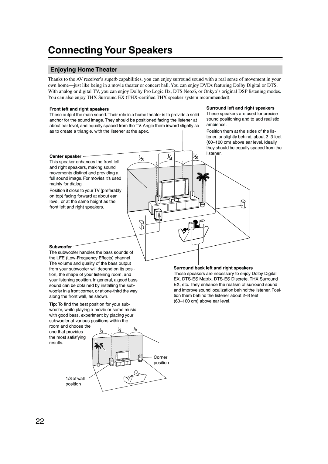 Onkyo TX-NR905 instruction manual Connecting Your Speakers, Enjoying Home Theater, Front left and right speakers, Subwoofer 