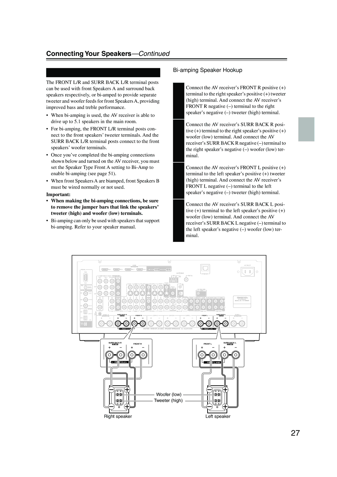 Onkyo TX-NR905 instruction manual Bi-amping Front Speakers a, Bi-amping Speaker Hookup 