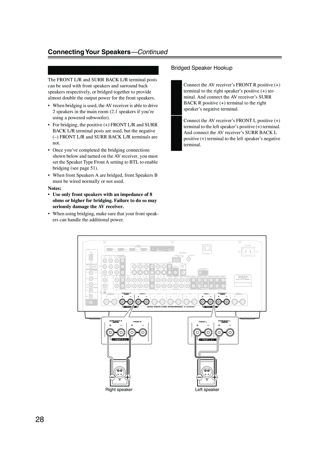 Onkyo TX-NR905 instruction manual Bridging Front Speakers a, Bridged Speaker Hookup 