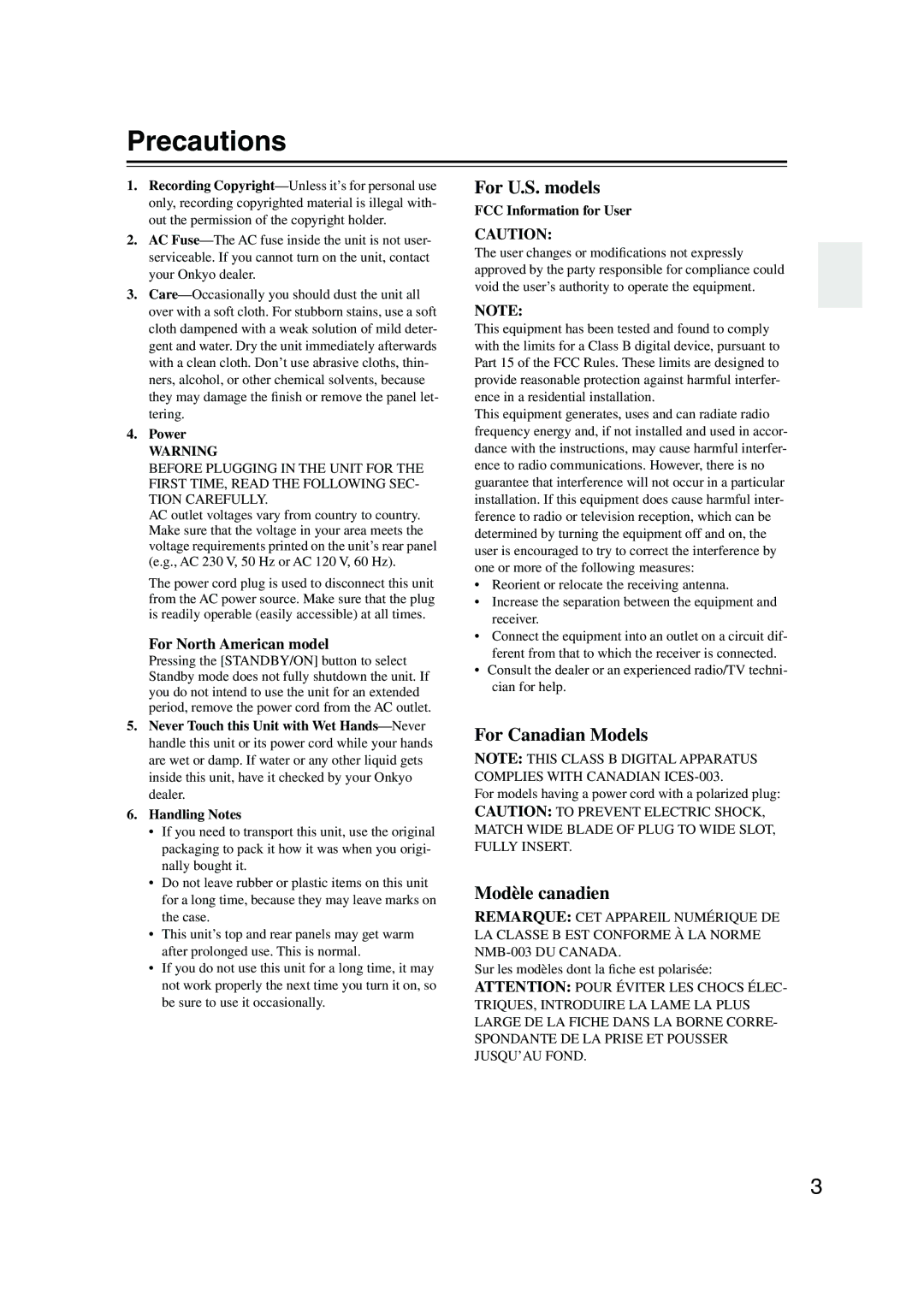 Onkyo TX-NR905 Precautions, Power, FCC Information for User, For models having a power cord with a polarized plug 