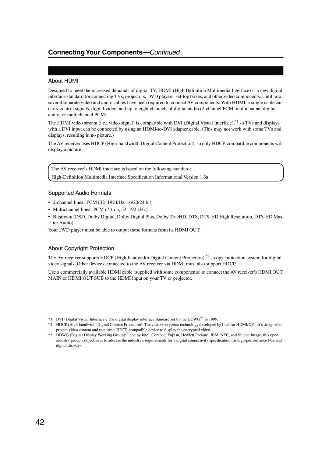 Onkyo TX-NR905 Connecting Components with Hdmi, About Hdmi, Supported Audio Formats, About Copyright Protection 